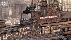 an illustration of a train station with people on the platform and buildings in the background