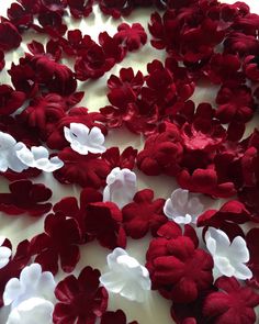 red and white flower petals are on the table top, ready to be made into something else