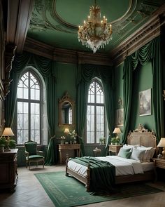 a bedroom with green walls and curtains, chandelier and bed in the middle