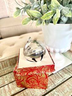 a silver ball sitting on top of a box next to a potted plant