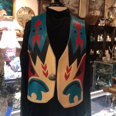 Leather And Jean Native American Motif Vest Beautiful Detail Color Are Rich Leather And Denim, Denim Vest, Lady In Red, Native American, Jackets & Coats, Jackets For Women, Cream, Leather, Red