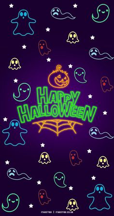 the happy halloween poster with ghost and pumpkins in neon colors on a dark background