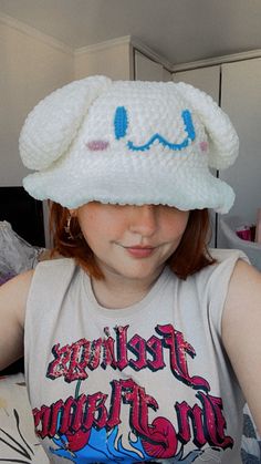 Bucket hat Cinnamoroll Crochet Beanie, Cinnamoroll Hat Crochet, How To Crochet Cinnamoroll, Crochet Patterns Sanrio, Crochet Cinnamon Roll Sanrio, Cinnamoroll Crochet Pattern, Cinnamoroll Hat