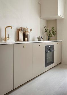 a kitchen with an oven, sink and potted plant on the counter top in front of it