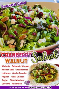 a salad with cranberry walnuts and other toppings is shown in this advertisement