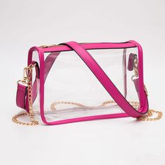 Clear See Through Transparent Casual Simple Fashion Crossbody Handbag Purse Pocketbook Gold Metal Hardware Bag Size : 9.5" X 6" X 3.5" Strap : 30" , Detachable Chain Strap Size : 46" L / Detachable Zipper Closure Color: Clear , Fuchsia Womens Fashion Statement Accessory Bag Amazon Employee Worker , Concert / Stadium Bag , Cross Body, Hand Bag F 10614 B Travel Shoulder Bag With Transparent Straps, Trendy Pink Rectangular Case Shoulder Bag, Trendy Rectangular Clear Plastic Bag, Rectangular Shoulder Bag With Transparent Straps, Trendy Clear Plastic Rectangular Shoulder Bag, Clear Rectangular Shoulder Bag, Trendy Rectangular Clear Plastic Shoulder Bag, Trendy Rectangular Bag With Clear Strap, Rectangular Shoulder Bag With Clear Strap And Plastic