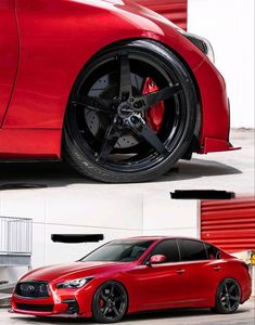 two different views of the front and rear wheels of a red car, one with black rims