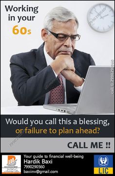 a man sitting in front of a laptop computer on top of a desk with the caption, working in your 60s would you call this a blessing, or failure to plan ahead?