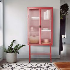 a red cabinet sitting next to a potted plant in a living room on top of a rug