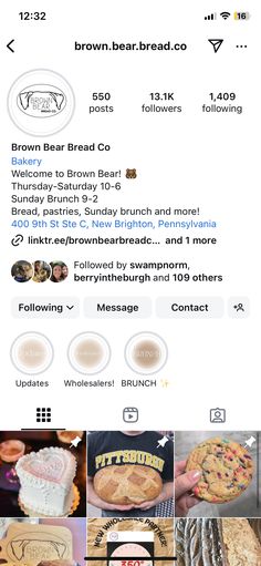 an instagram page for brown bear bread co with images of baked goods on it