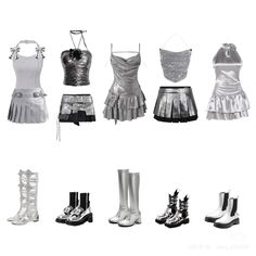 there are many different types of clothes and shoes on this page, all in black and white