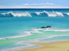 a painting of the ocean with waves coming in to shore and rocks sticking out of the water