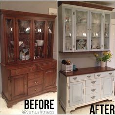 before and after pictures of a dining room hutch with glass doors, wood counter tops, and white cabinets