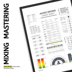 a poster with the words mixing mastering on it's front and back sides, in black frame