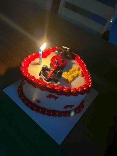 a birthday cake with a lit candle on it