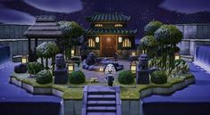 an animated image of a japanese garden with steps leading up to the front door and lights on