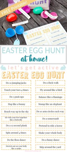 an easter egg hunt at home flyer with eggs and spoons on the table next to it