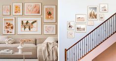 a living room with pictures on the wall and stairs leading up to the second floor