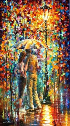 a painting of two people standing under an umbrella in the rain with trees and street lights behind them