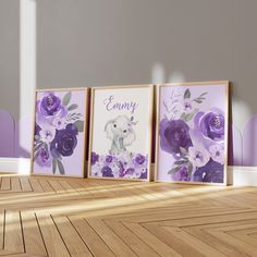 three framed pictures with purple flowers and an elephant in the middle on a wooden floor