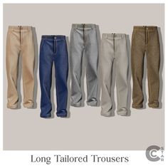 four pairs of jeans with different colors and sizes on the bottom, one is blue, beige