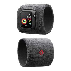 the armbands and wristband are attached to an apple watch with red stitching