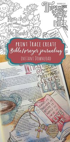 an open bible with the title print trace create bible prayer journaling instant coloring pages