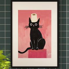 a painting of a black cat with a roll of toilet paper on it's head