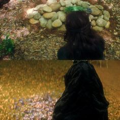 two different views of the same person in front of rocks and grass, one with green hair