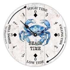 a clock with the words beach time and a blue crab on it's face