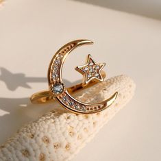 This ring is inspired by Sailor Moon. With the moon and star together, the ring looks perfect and beautiful. A ring with a subtle glow of Swiss natural blue topaz. This is handmade adjustable ring,  A beautiful and well-made! [Details] ✧ Material > sterling silver 92.5% ✧ Color > 14k gold (gold vermeil) ✧ Blue topaz > 2.5mm ✧ Size > adjustable (US 4 ~ 6) Celestial Moon Phase Crystal Ring, Celestial Crescent Moonstone Ring, Celestial Crescent Crystal Ring Gift, Celestial Moon Crystal Ring For Anniversary, Celestial Moon Shaped Crystal Ring For Anniversary, Celestial Moon-shaped Crystal Ring For Anniversary, Sailor Moon Jewelry, Slytherin Fashion, Ring Moon