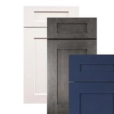 three different colors of cabinet doors with one door open and the other painted white, blue, and gray