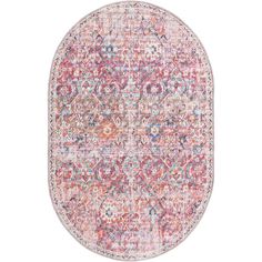 an oval rug with pink and blue colors