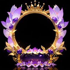 a purple and gold crown with flowers around it