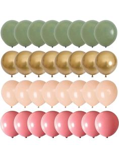 balloons with different colors and sizes are shown in this image, including pink, green, gold