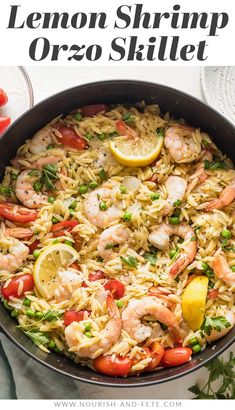 lemon shrimp orzo skillet in a pan with text overlay