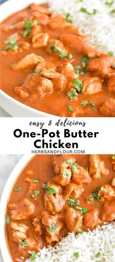 one pot butter chicken with white rice and garnished with cilantro