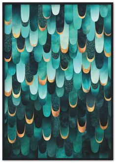 an abstract background made up of blue and green circles with gold foil on the edges