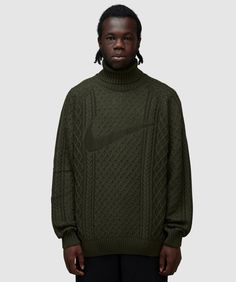 Nike Life cable knit turtleneck jumper | CARGO KHAKI High Neck Sweater With Ribbed Collar, Nike Winter Sweater, Cozy Knit Turtleneck With Ribbed Collar, Knit Sweater With Funnel Neck, Cable Knit Turtleneck Polo Sweater, Cable Knit Turtleneck Tops, Knit Turtleneck Polo Sweater, Streetwear Turtleneck Sweater With Ribbed Collar, Turtleneck Sweater With Ribbed Collar For Streetwear