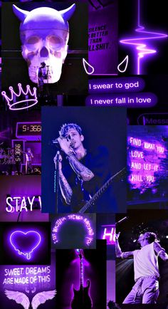 a collage of photos with neon lights and text that reads, i swear to god i never fall in love