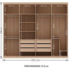 the measurements for an open closet with drawers and shelves, including two doors on each side