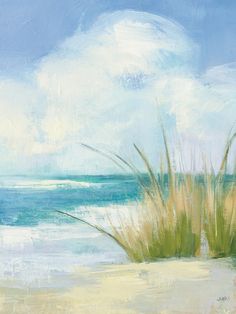 an oil painting of grass on the beach