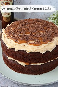 a chocolate cake with caramel icing on a plate