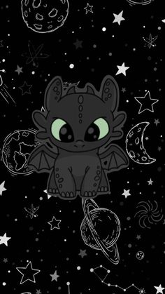 a black background with stars, planets and a little dragon on the left hand side