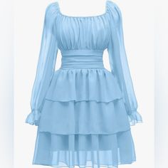 Hello! Light Blue Dress, Ruffles, Open & Tie Back, Square Neckline Size Womens Xs Never Worn And In Perfect Condition Very Soft Material Business Professional Dress, Long Sleeve Chiffon Dress, Knee Length Cocktail Dress, Amazon Dresses, Light Blue Dresses, Off Shoulder Fashion, Dresses Blue, Summer Dress Outfits, Chiffon Long Sleeve