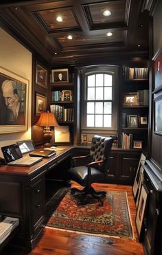 a home office with wooden floors and built in bookshelves, leather chair, desk, and window