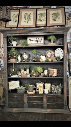 an old bookcase with plants and pictures on it