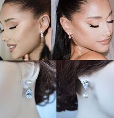 "These gorgeous, Ariana Grande inspired wedding earrings are available in 3 styles. Style A is the mismatched pair that Ariana wore. Style C is the classic pear cut clear CZ drop earrings with pear cut CZs dangling from Swarovski round pearl posts. Or Style B features classic pear cut CZ posts with Swarovski round pearls. The large pear cut drop stones measure 10x14mm in prong basket settings and the posts are made with 8mm Swarovski pearls in your choice of colour. The other option is 8x12mm clear CZ posts with 8mm round Swarovski pearls in your choice of colour. The earrings are available in rhodium (silvertone), yellow or rose gold plating. I was inspired by earrings that Ariana Grande wore to her wedding to Dalton Gomez on May 21, 2021. Really beautiful quality and amazing sparkle perf Ariana Grande Wedding, Diamond Earrings Wedding, Ariana Grande Hair, Bridal Pearl Earrings, Ariana Grande Style, Earrings Classic, Pearl Jewelry Wedding, Pearl And Diamond Earrings, Addison Rae