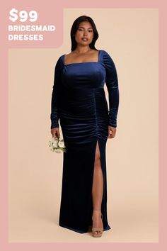 a woman in a blue dress with the words $ 99 bridesmaid dresses on it