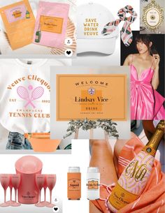 the collage shows various items that are pink and orange